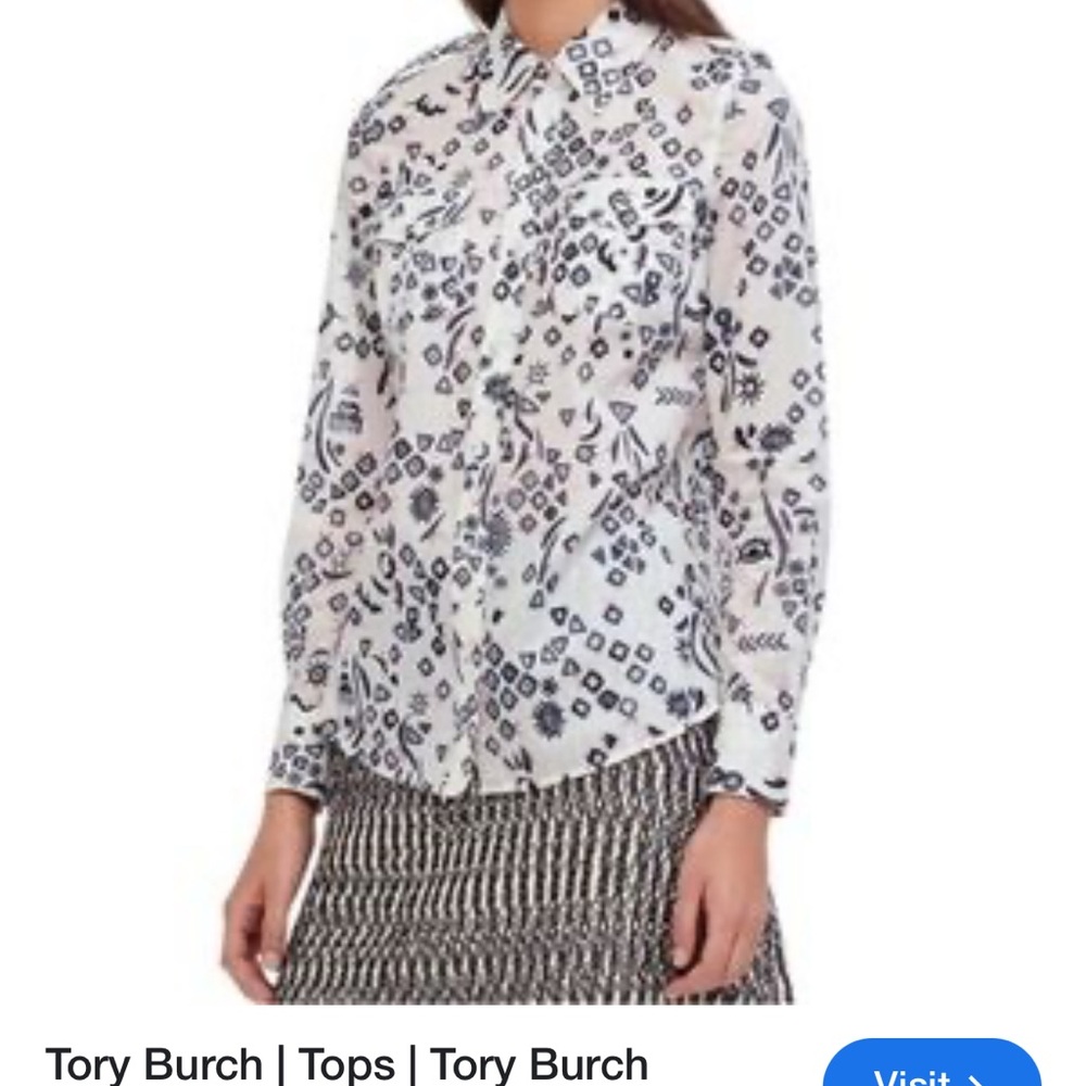 Breathable Tory Burch Women's Navy and White Patterned Button Down Shirt